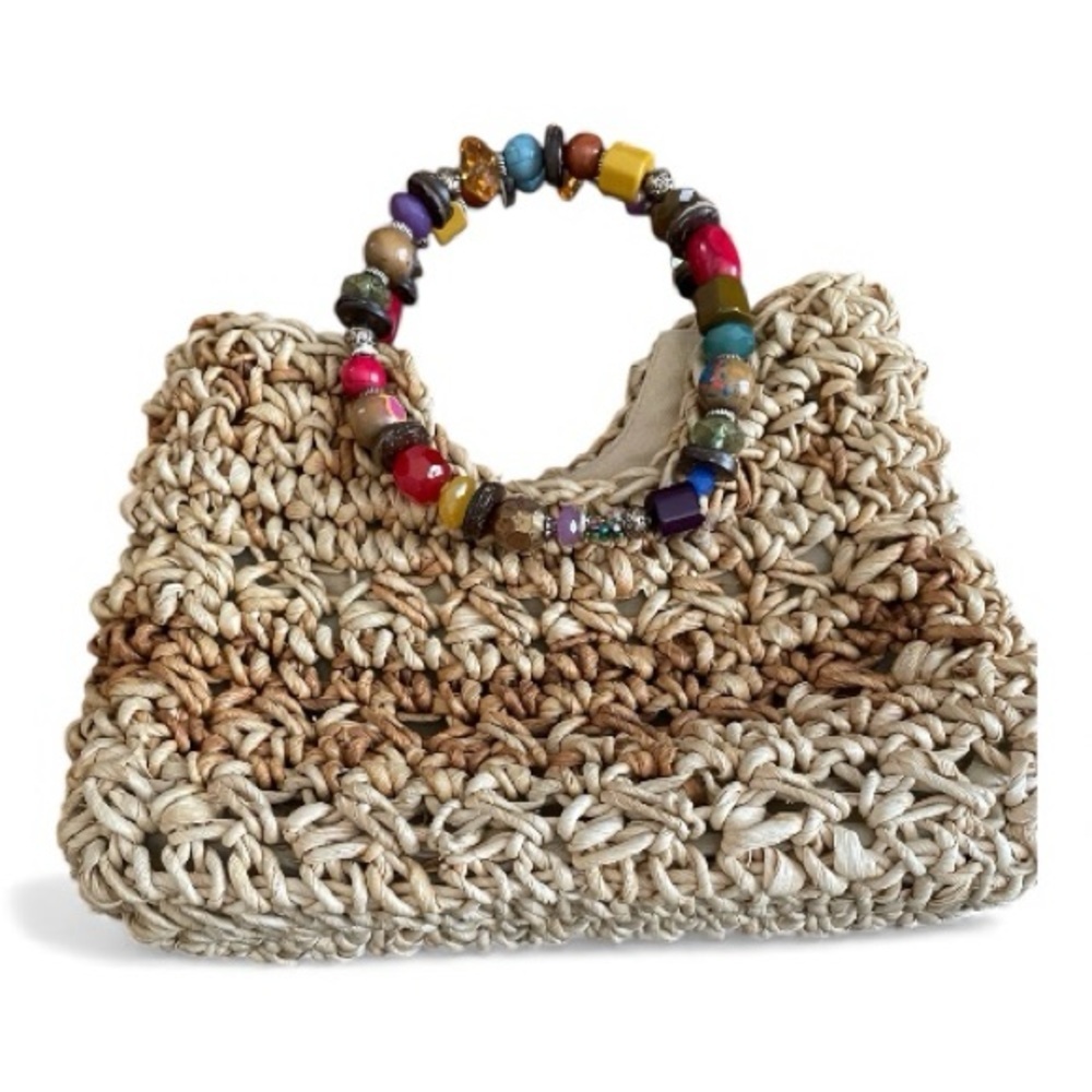 Capelli Strawworld Woven Beige Purse with Bohemian Beaded Handle, Island Living.